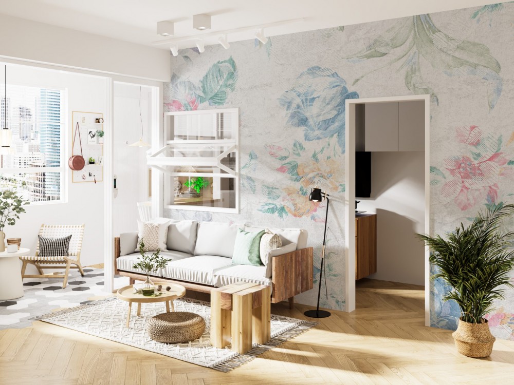 Eskitme Kanvas Dokulu Pastel Renkli Karışık Çiçek Desenli Duvar Kağıdı