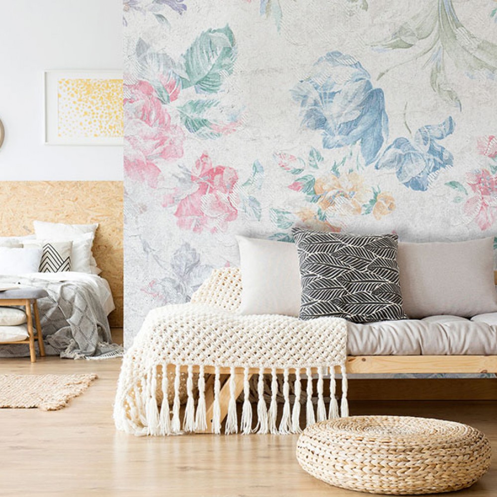 Eskitme Kanvas Dokulu Pastel Renkli Karışık Çiçek Desenli Duvar Kağıdı