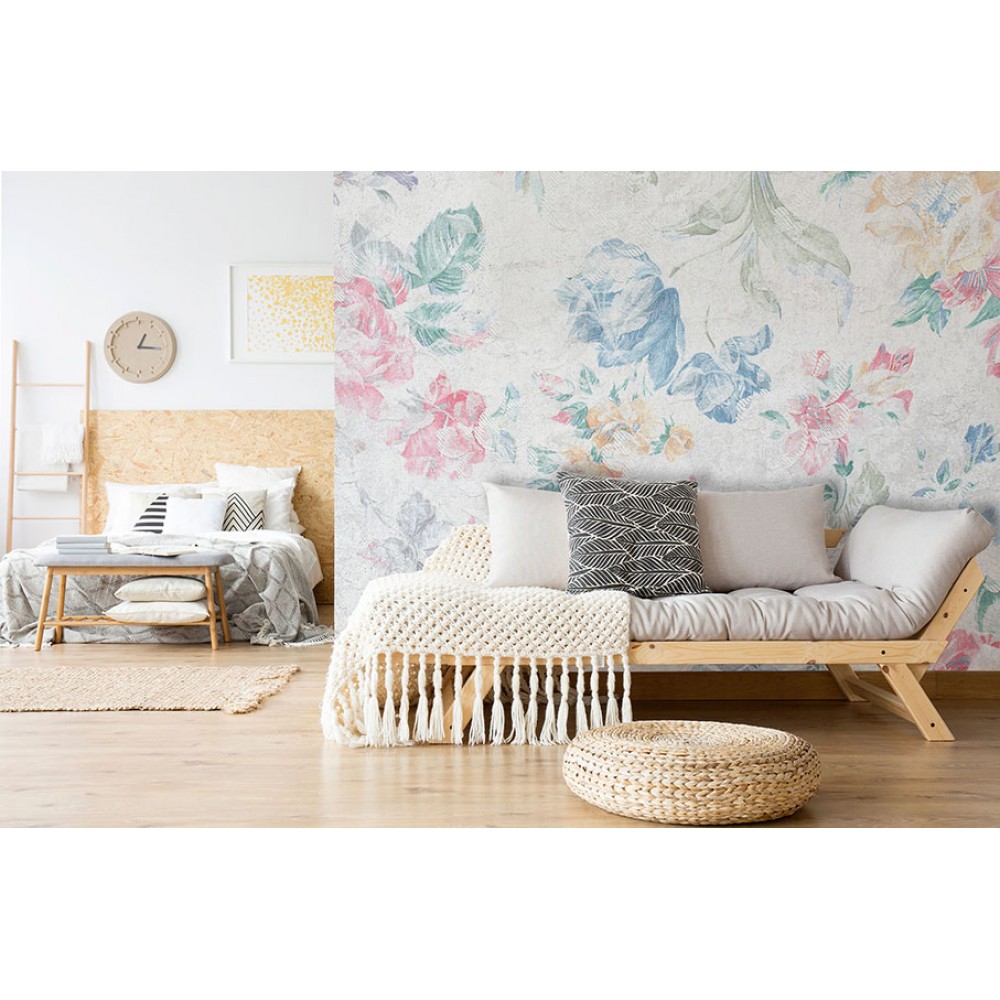 Eskitme Kanvas Dokulu Pastel Renkli Karışık Çiçek Desenli Duvar Kağıdı