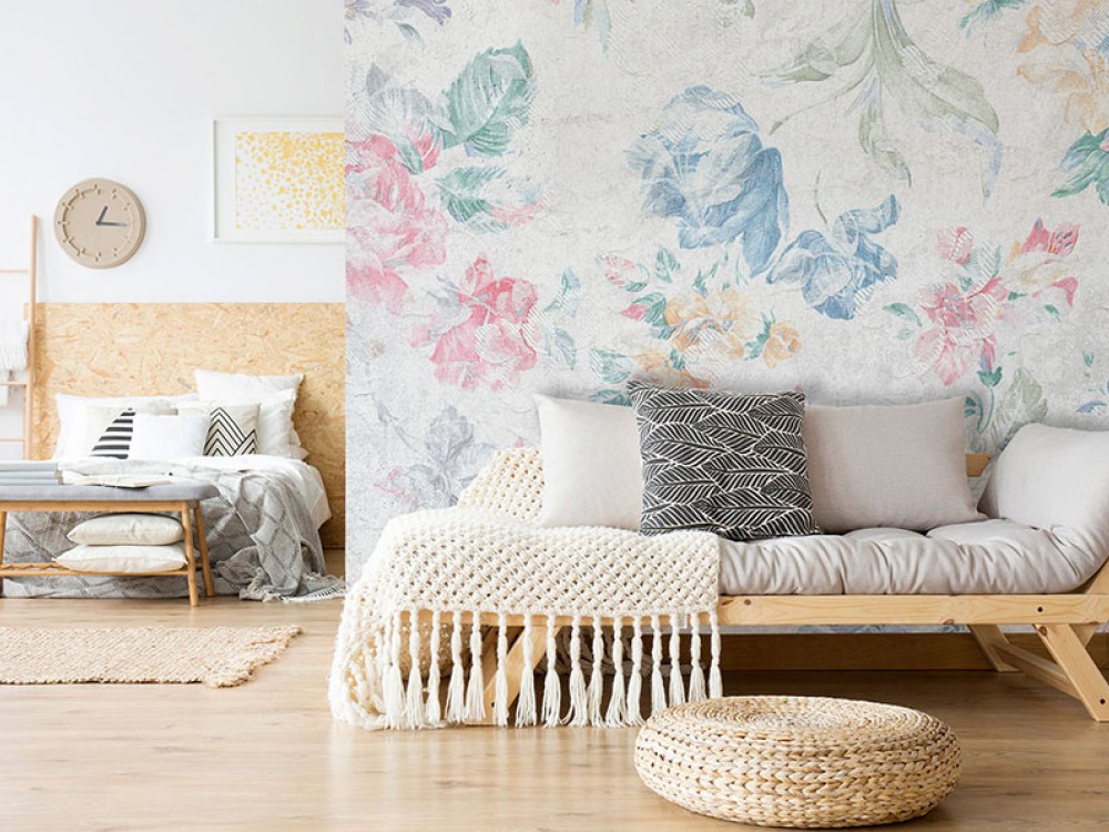 Eskitme Kanvas Dokulu Pastel Renkli Karışık Çiçek Desenli Duvar Kağıdı