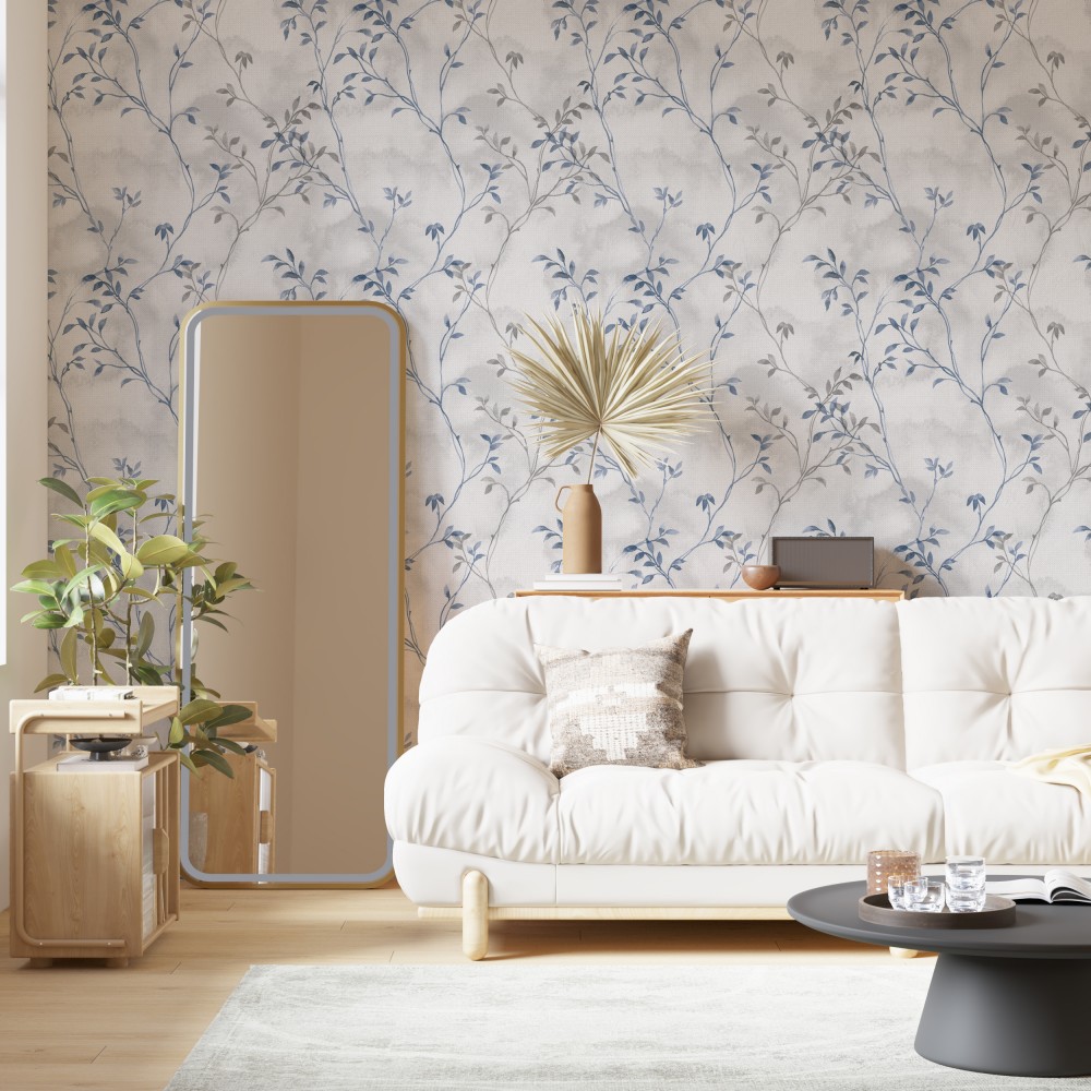 İskandinav Tarzı Minimalist Yaprak Dalları Temalı Soft Gri Duvar Kağıdı