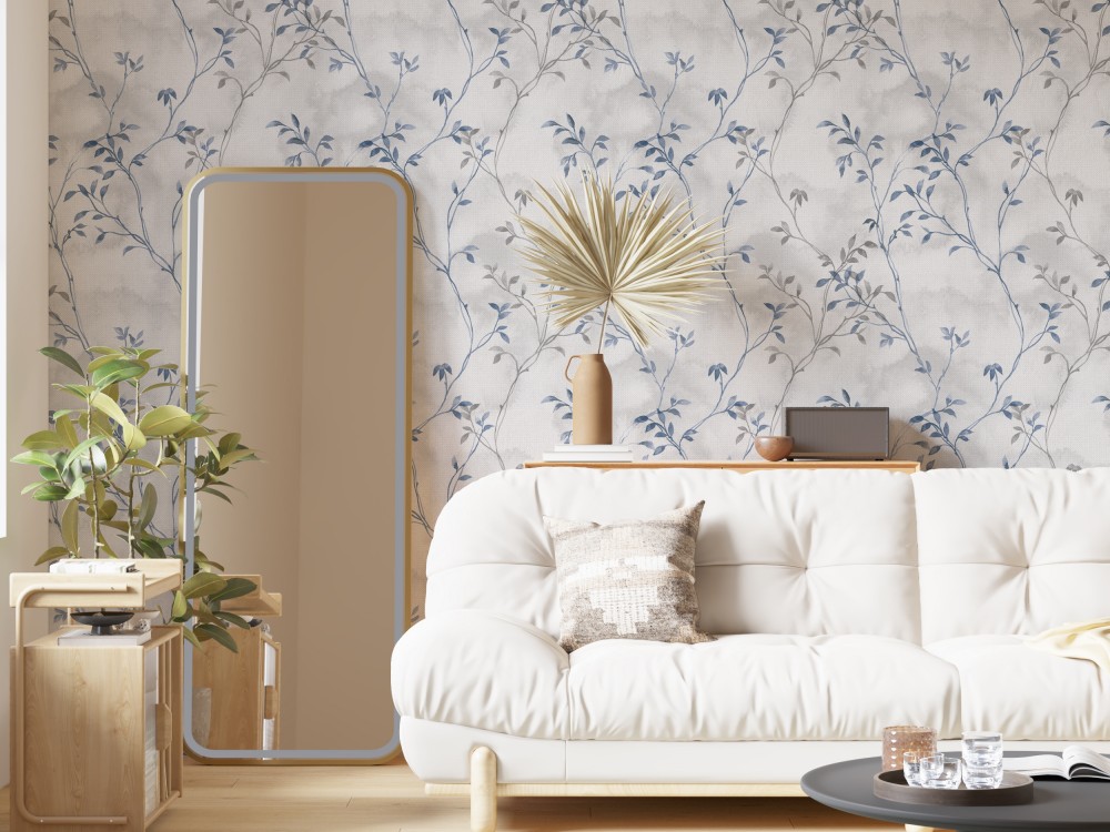 İskandinav Tarzı Minimalist Yaprak Dalları Temalı Soft Gri Duvar Kağıdı