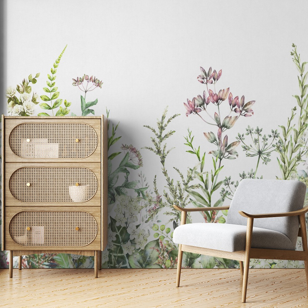 İllüstrasyon Tarzı Renkli Kır Çiçekleri ve Botanik Bahçe Desenli Duvar Kağıdı