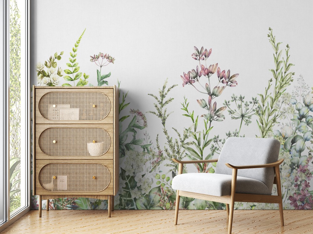 İllüstrasyon Tarzı Renkli Kır Çiçekleri ve Botanik Bahçe Desenli Duvar Kağıdı