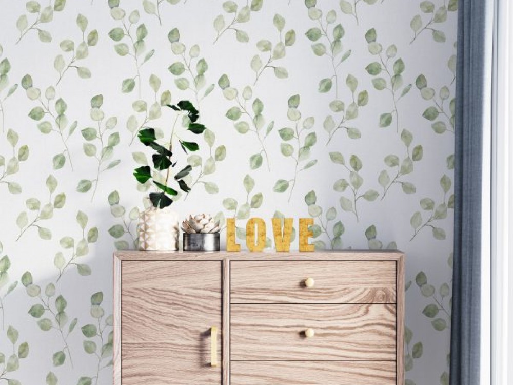 Soft Yeşil Okaliptüs Yaprağı Desenli ve Minimalist Beyaz Duvar Kağıdı