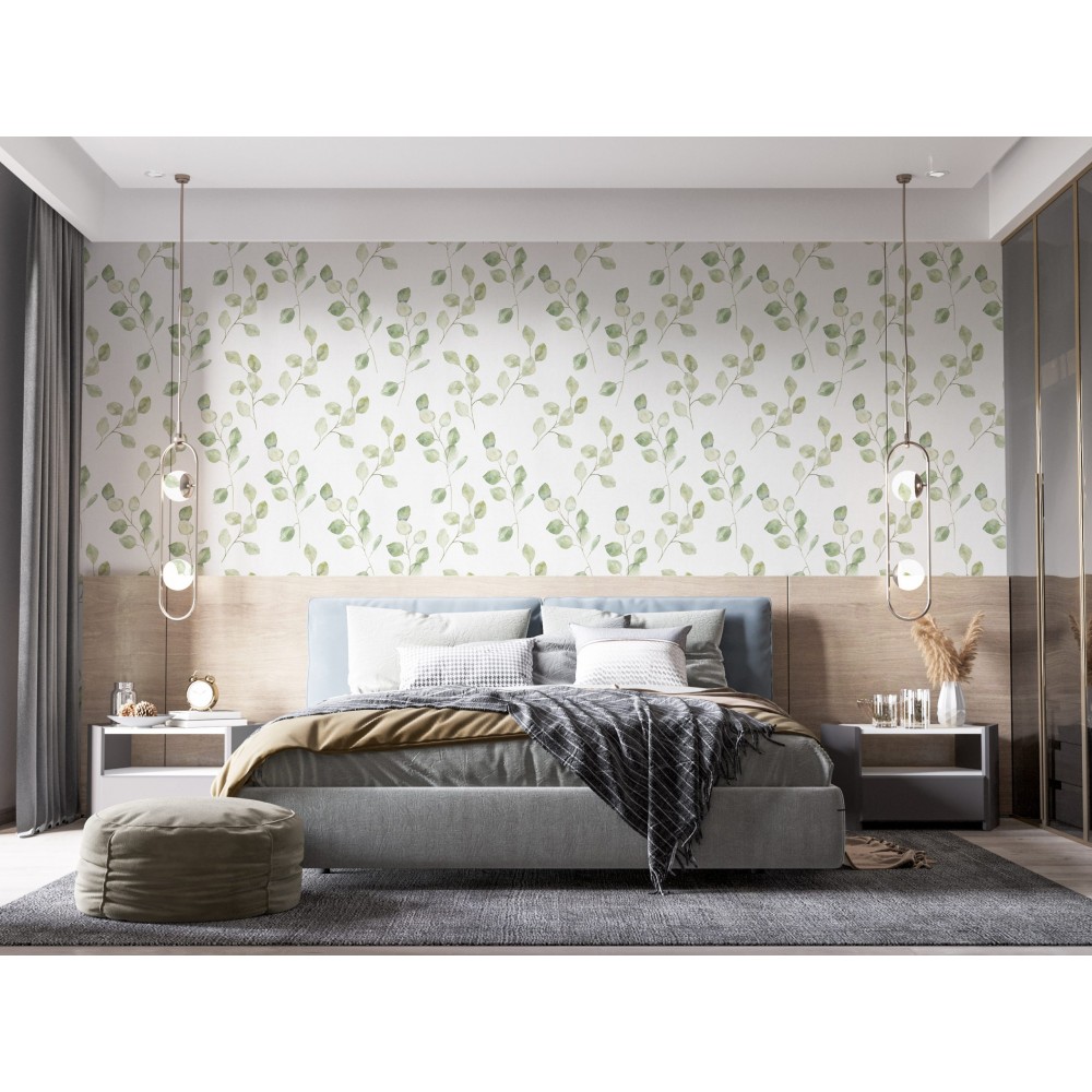 Soft Yeşil Okaliptüs Yaprağı Desenli ve Minimalist Beyaz Duvar Kağıdı