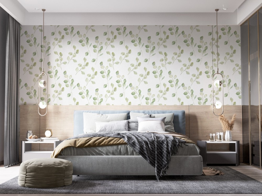 Soft Yeşil Okaliptüs Yaprağı Desenli ve Minimalist Beyaz Duvar Kağıdı