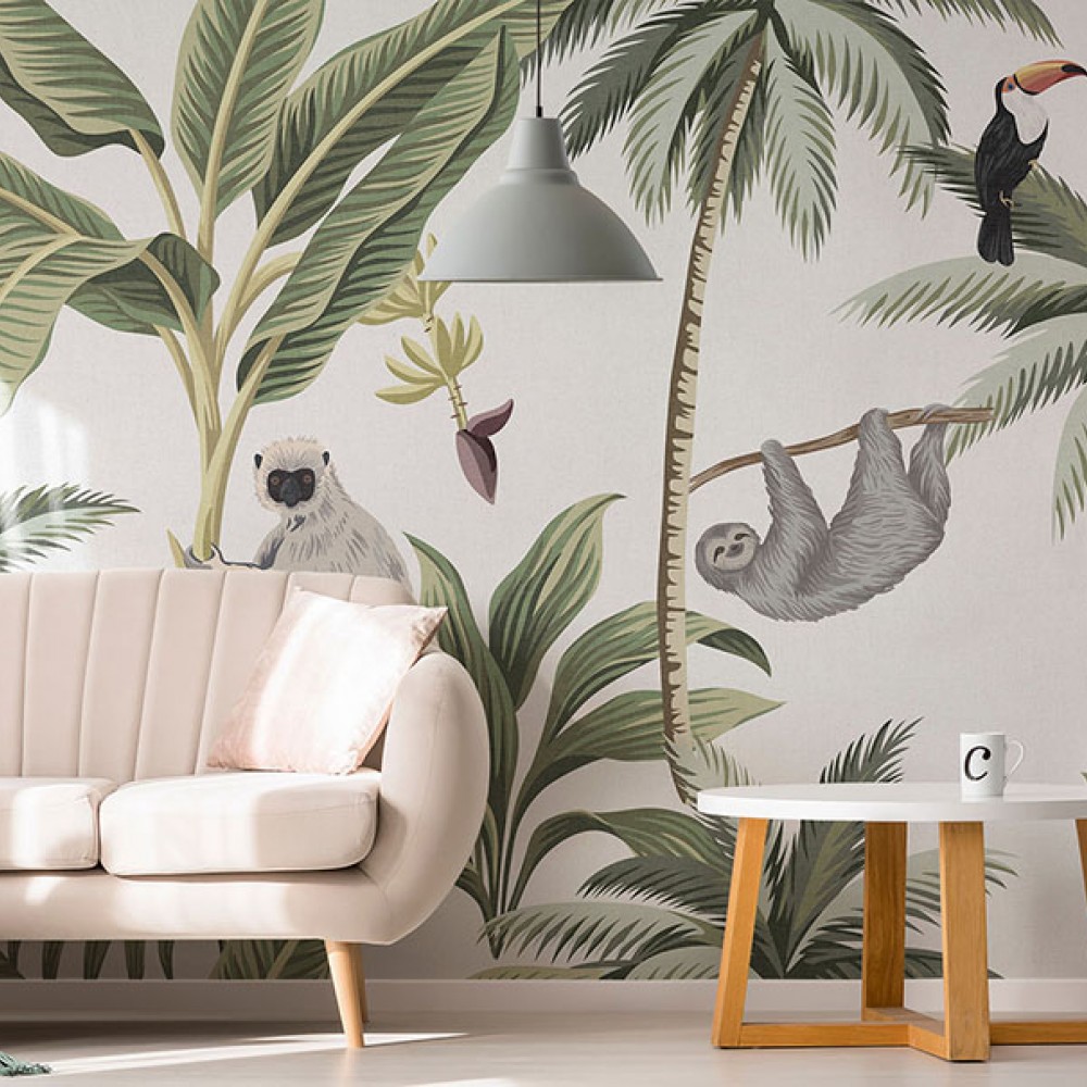 Egzotik Safari: Tropikal Orman Hayvanları ve Palmiye Desenli Duvar Kağıdı