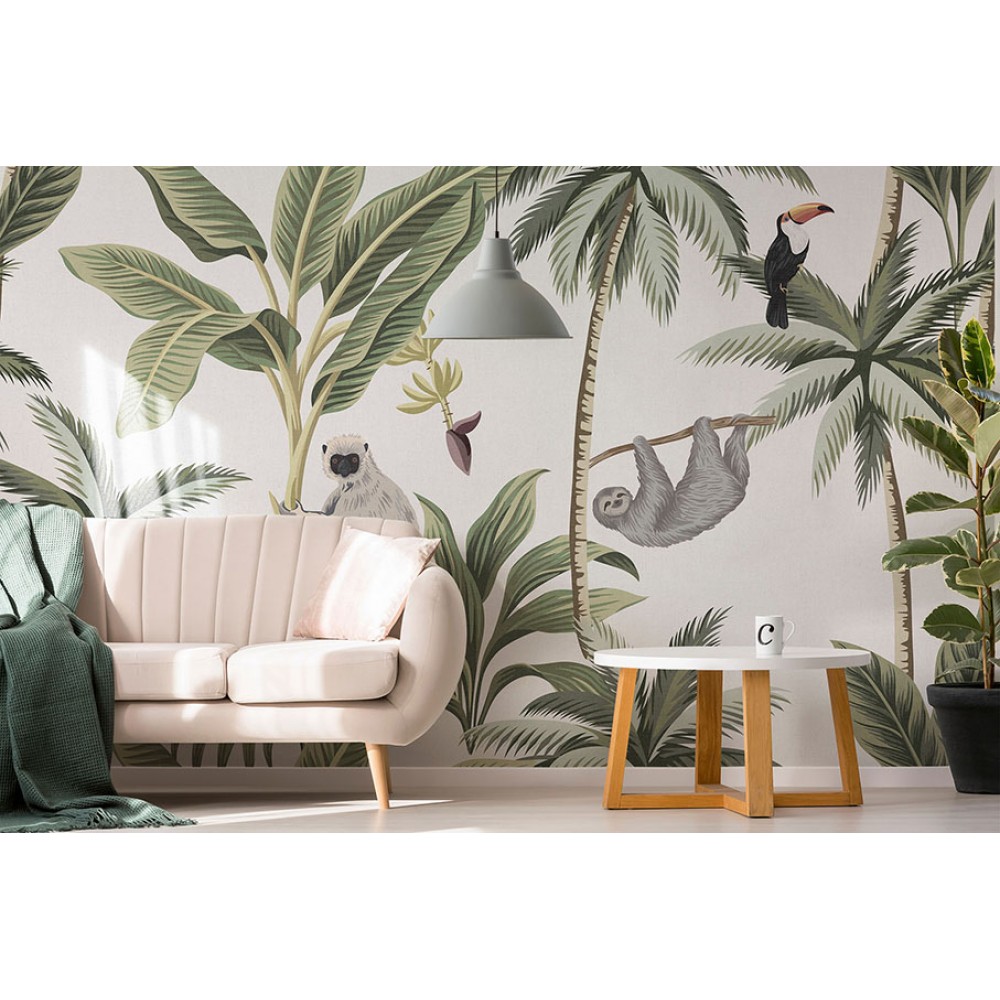 Egzotik Safari: Tropikal Orman Hayvanları ve Palmiye Desenli Duvar Kağıdı