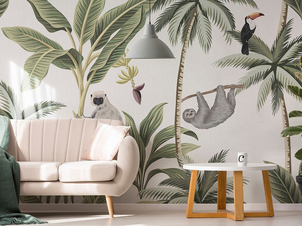 Egzotik Safari: Tropikal Orman Hayvanları ve Palmiye Desenli Duvar Kağıdı