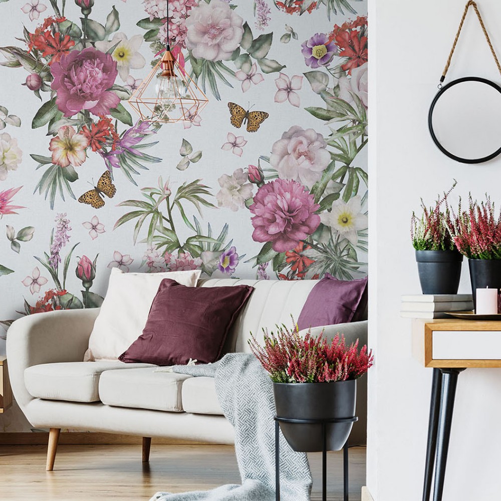 Maksi Ölçekli Şakayık ve Kelebek Desenli Romantik Duvar Kağıdı