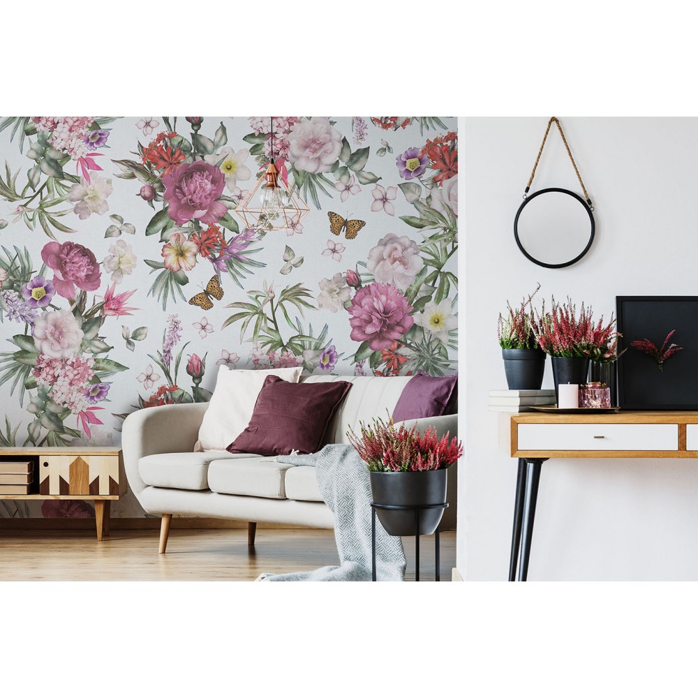 Maksi Ölçekli Şakayık ve Kelebek Desenli Romantik Duvar Kağıdı