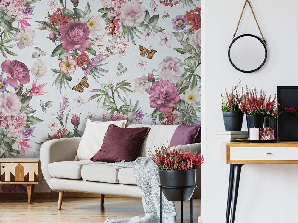 Maksi Ölçekli Şakayık ve Kelebek Desenli Romantik Duvar Kağıdı