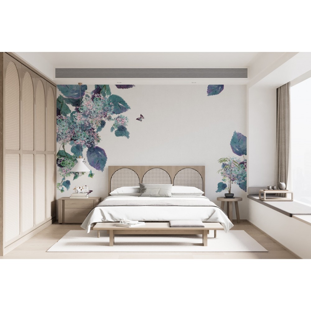 Suluboya Efektli Mor Ortanca Çiçekleri ve Kelebek Temalı Duvar Kağıdı