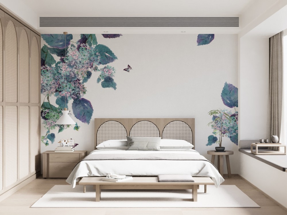 Suluboya Efektli Mor Ortanca Çiçekleri ve Kelebek Temalı Duvar Kağıdı