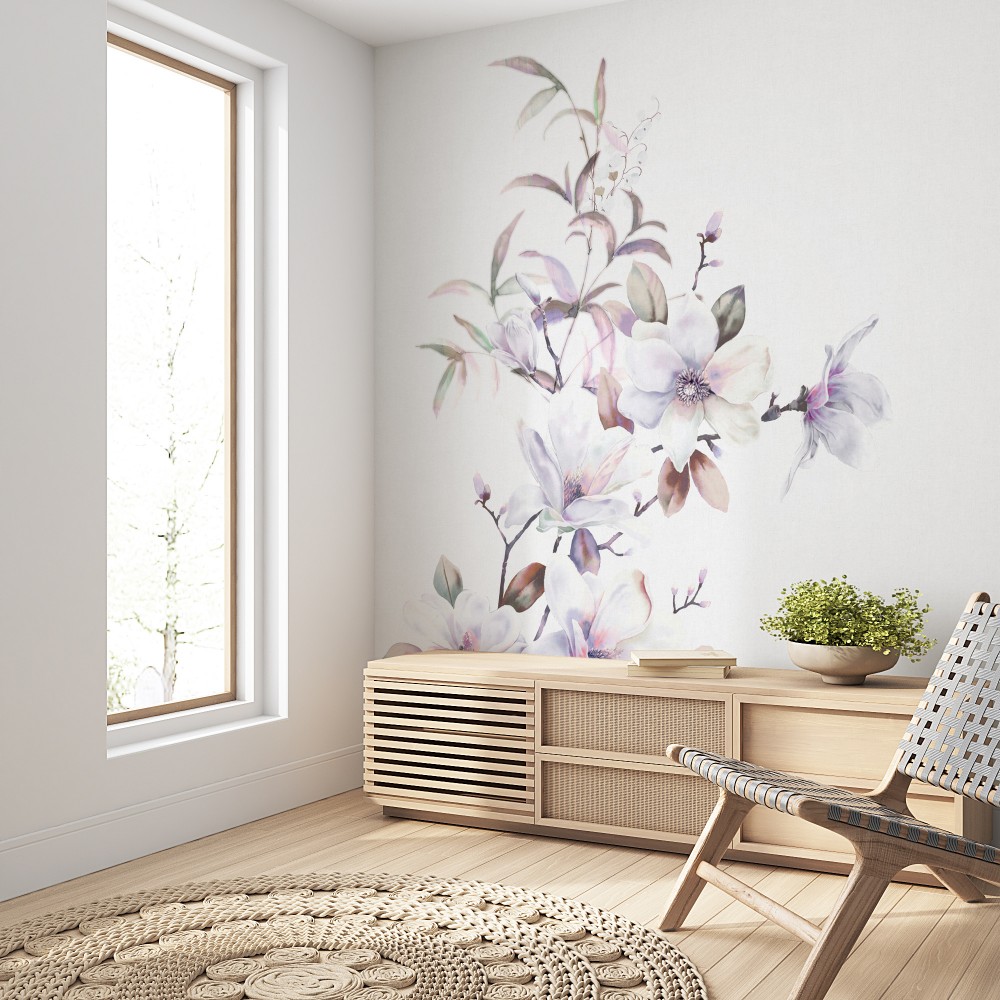 Minimalist Japon Tarzı Sanatsal Çiçek İllüstrasyonlu Beyaz Duvar Kağıdı