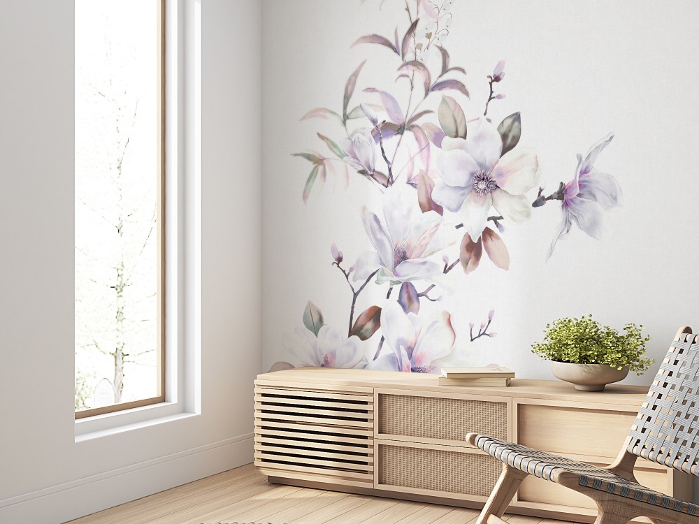 Minimalist Japon Tarzı Sanatsal Çiçek İllüstrasyonlu Beyaz Duvar Kağıdı