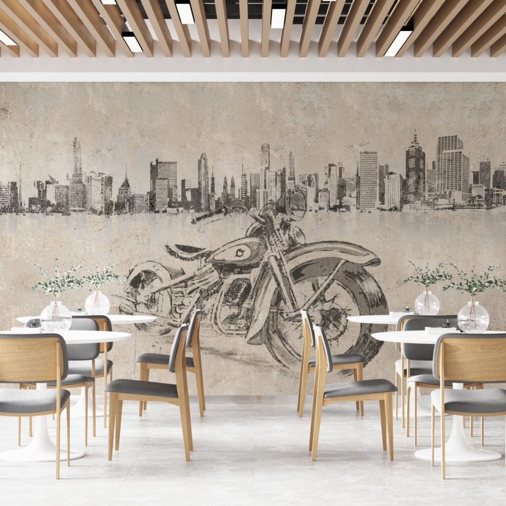 Retro Motosiklet ve Modern Şehir Silüeti Temalı Duvar Kağıdı