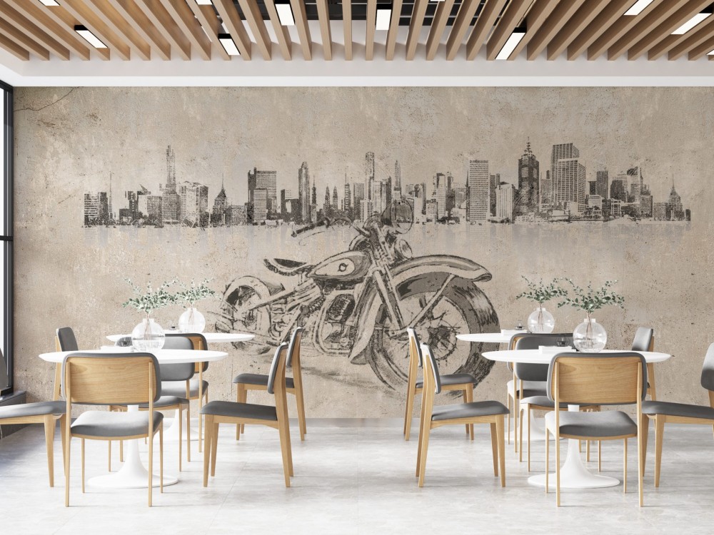 Retro Motosiklet ve Modern Şehir Silüeti Temalı Duvar Kağıdı