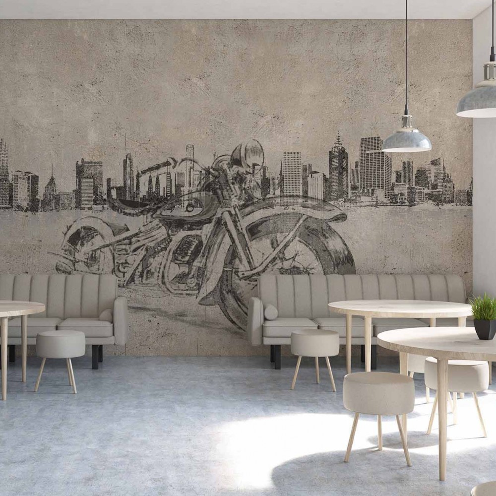 Retro Motosiklet ve Modern Şehir Silüeti Temalı Duvar Kağıdı