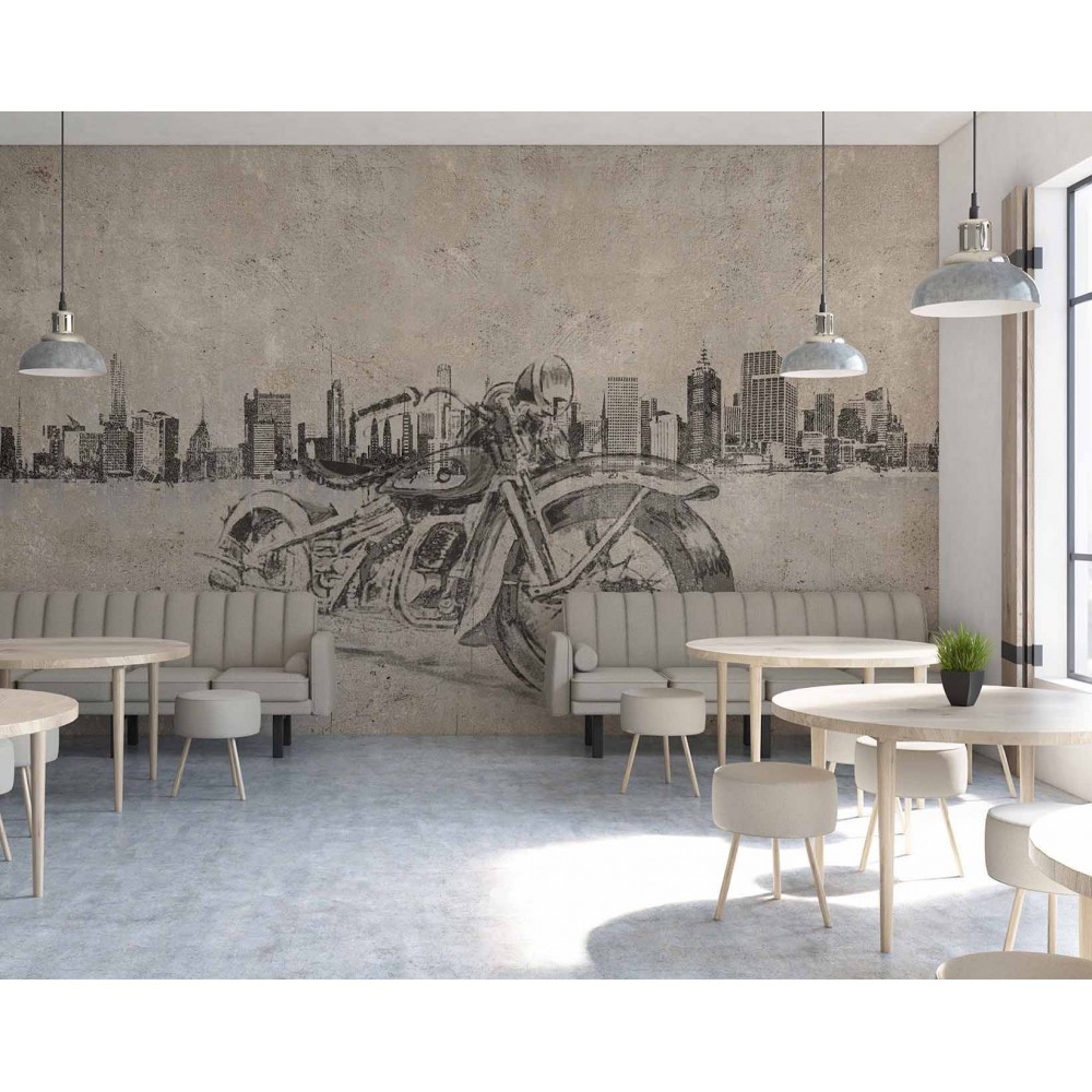 Retro Motosiklet ve Modern Şehir Silüeti Temalı Duvar Kağıdı