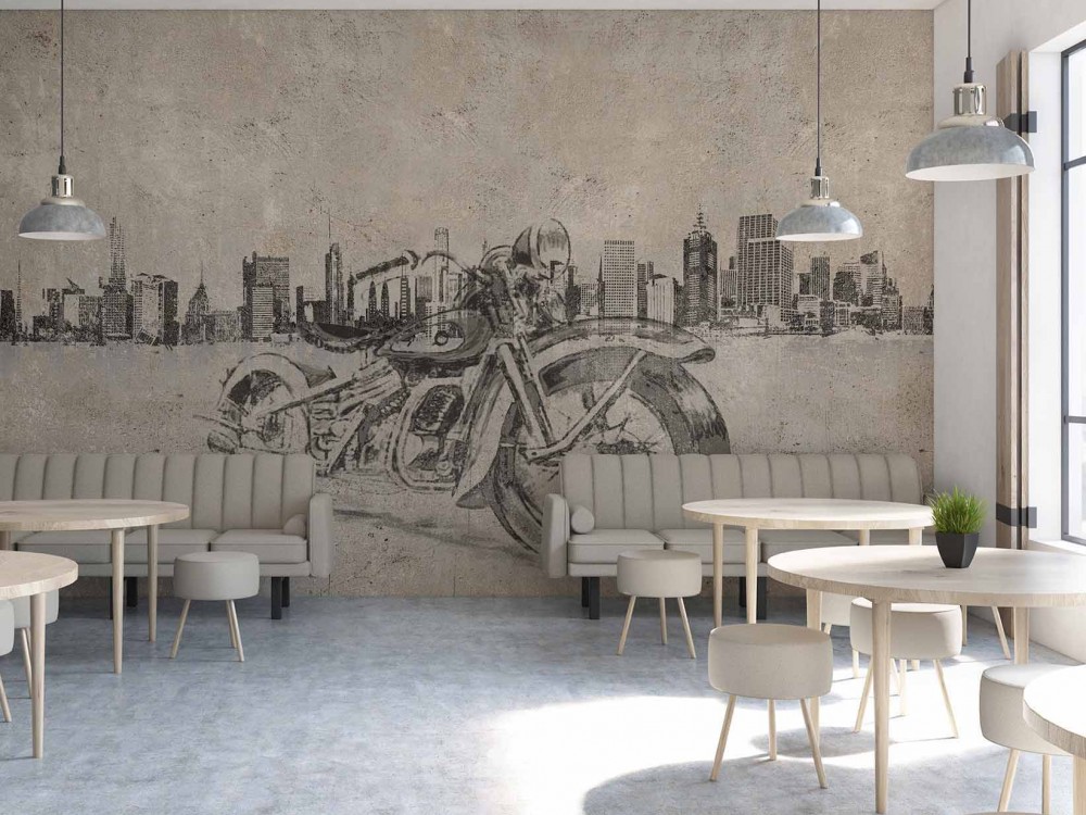 Retro Motosiklet ve Modern Şehir Silüeti Temalı Duvar Kağıdı