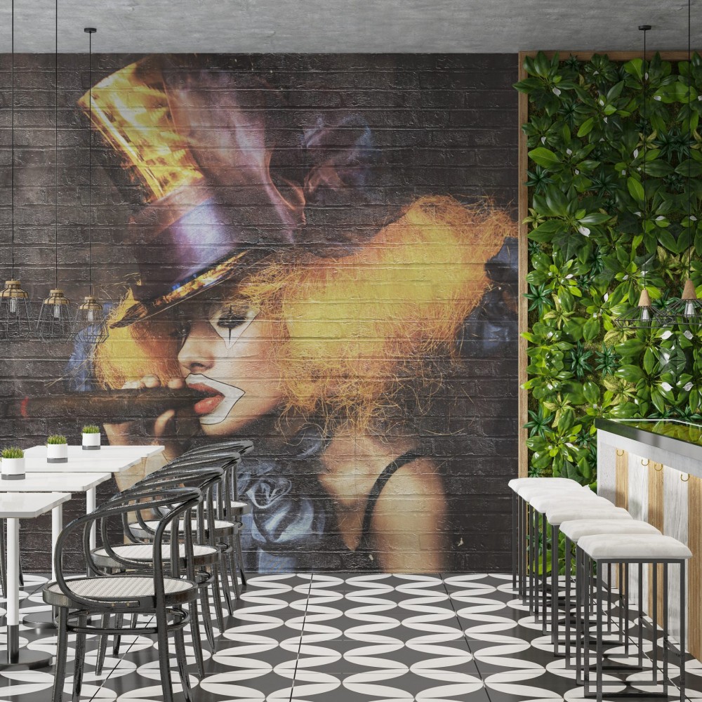 Loft Tarzı İllüzyonist Kadın Figürlü Siyah Tuğla Desenli Duvar Kağıdı