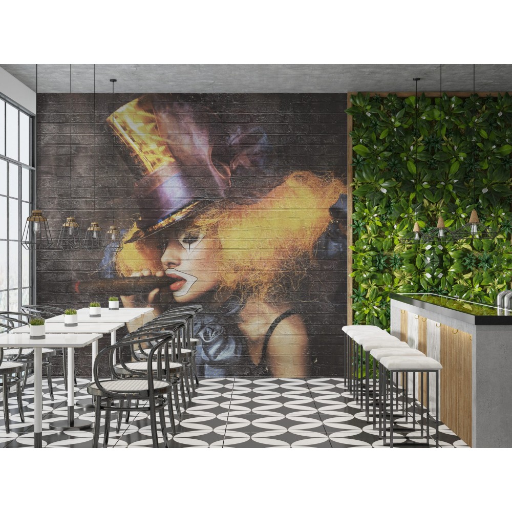 Loft Tarzı İllüzyonist Kadın Figürlü Siyah Tuğla Desenli Duvar Kağıdı