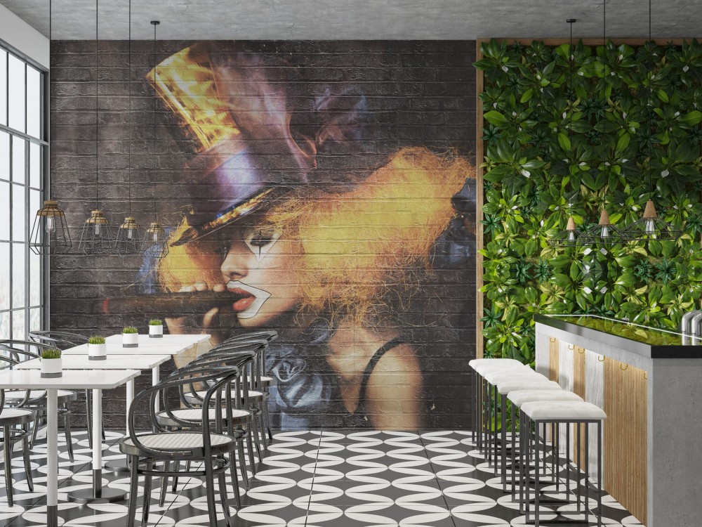 Loft Tarzı İllüzyonist Kadın Figürlü Siyah Tuğla Desenli Duvar Kağıdı