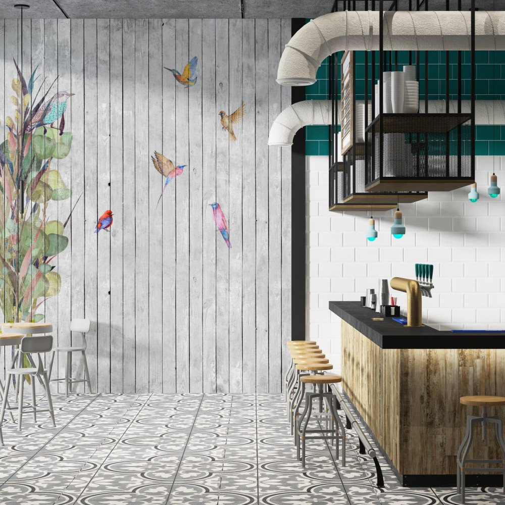 Eskitme Ahşap Panel Üzeri Renkli Kuşlar ve Botanik Desenli Duvar Kağıdı