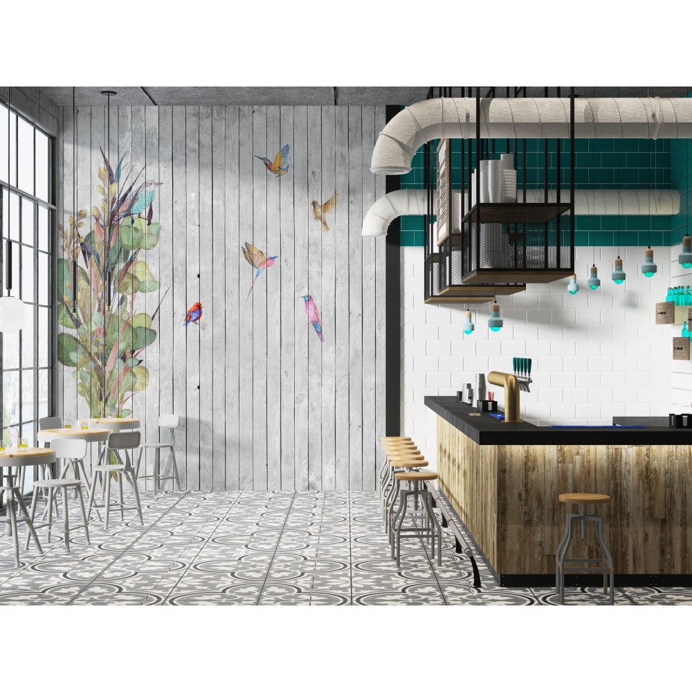 Eskitme Ahşap Panel Üzeri Renkli Kuşlar ve Botanik Desenli Duvar Kağıdı
