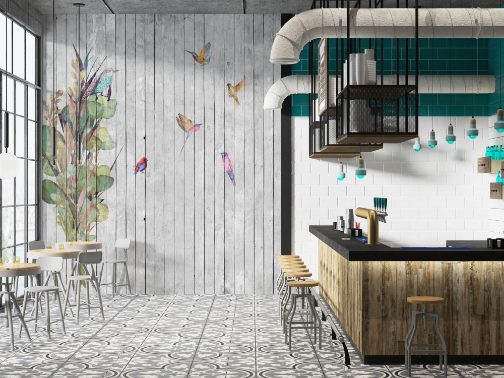 Eskitme Ahşap Panel Üzeri Renkli Kuşlar ve Botanik Desenli Duvar Kağıdı