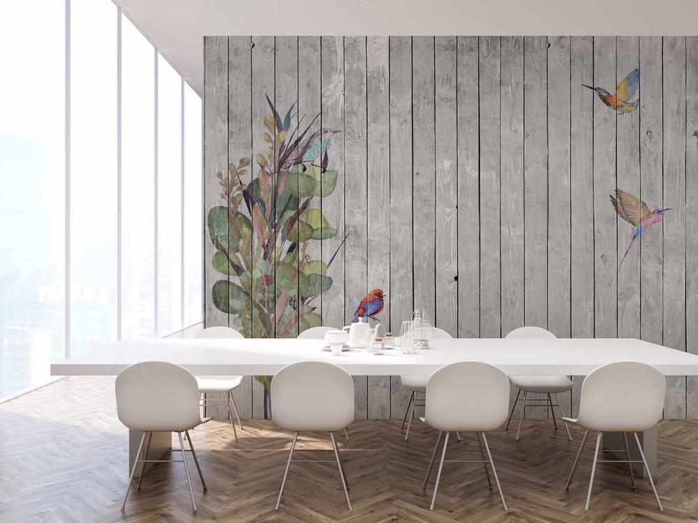 Eskitme Ahşap Panel Üzeri Renkli Kuşlar ve Botanik Desenli Duvar Kağıdı