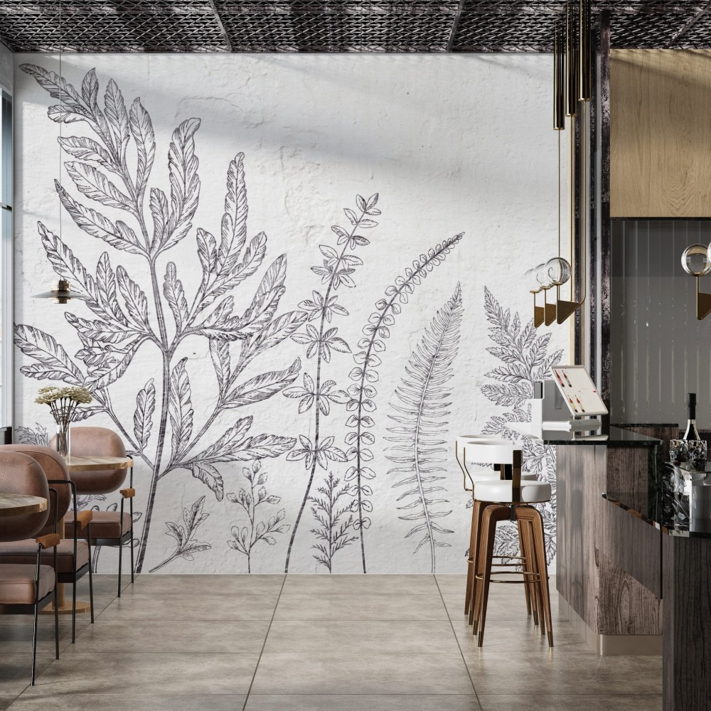 Eskiz Botanik Yapraklar ve Beyaz Sıva Dokulu Sanatsal Duvar Kağıdı