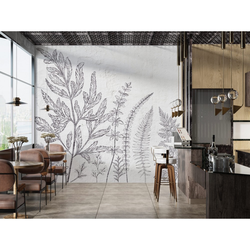 Eskiz Botanik Yapraklar ve Beyaz Sıva Dokulu Sanatsal Duvar Kağıdı