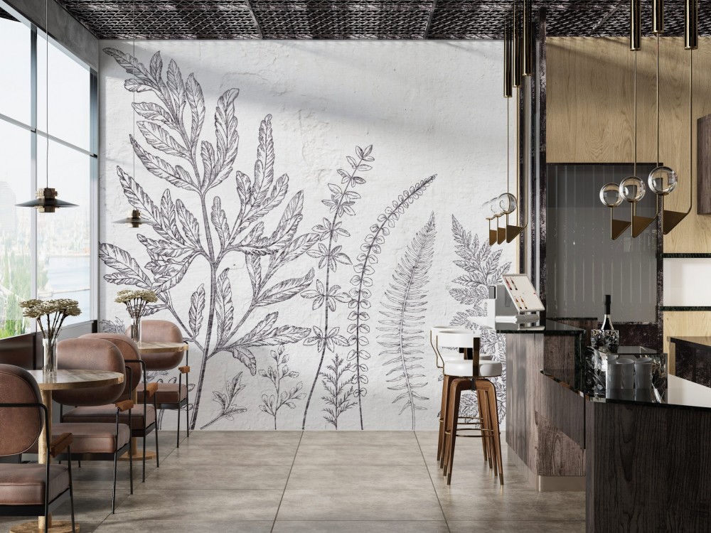 Eskiz Botanik Yapraklar ve Beyaz Sıva Dokulu Sanatsal Duvar Kağıdı