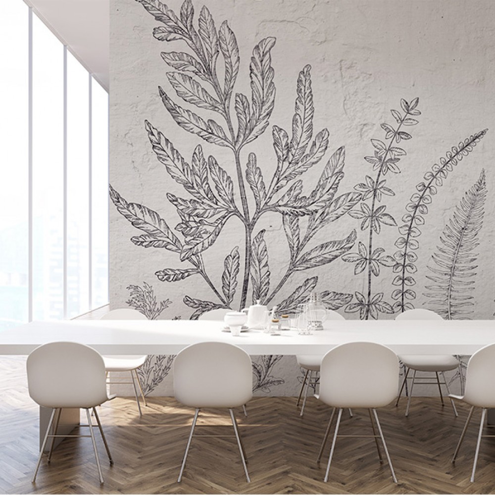 Eskiz Botanik Yapraklar ve Beyaz Sıva Dokulu Sanatsal Duvar Kağıdı
