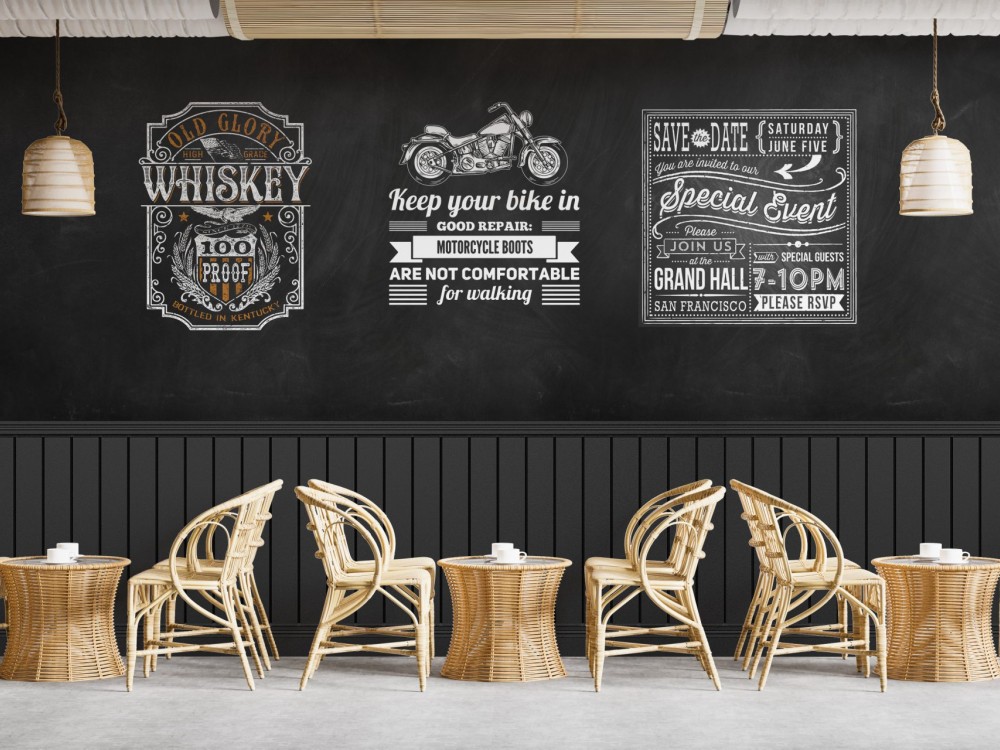 Retro Chalkboard Stil Yazılı ve Grafik İllüstrasyonlu Endüstriyel Duvar Kağıdı