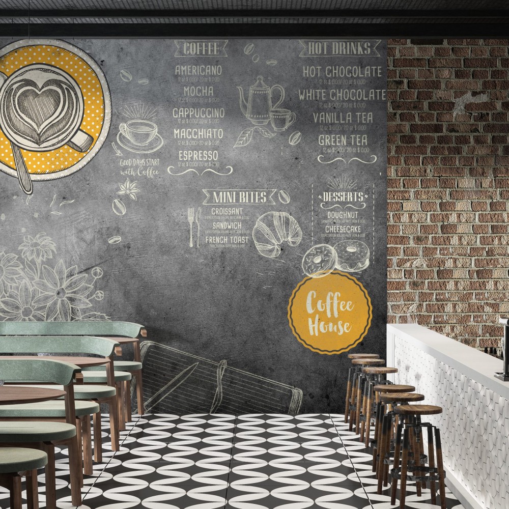 Tahta Efektli Kahve Menüsü ve Tatlı İllüstrasyonlu Cafe Duvar Kağıdı