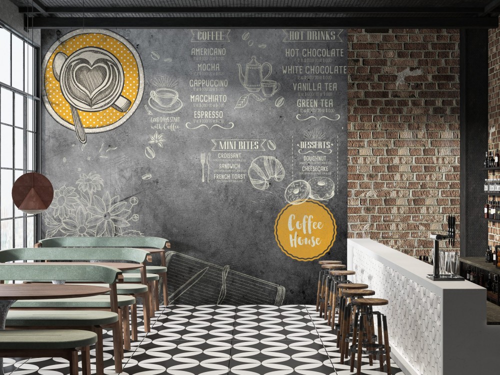Tahta Efektli Kahve Menüsü ve Tatlı İllüstrasyonlu Cafe Duvar Kağıdı