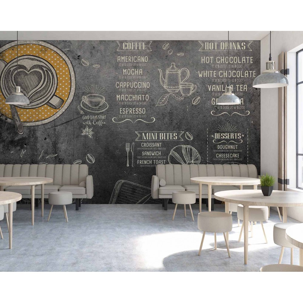 Tahta Efektli Kahve Menüsü ve Tatlı İllüstrasyonlu Cafe Duvar Kağıdı