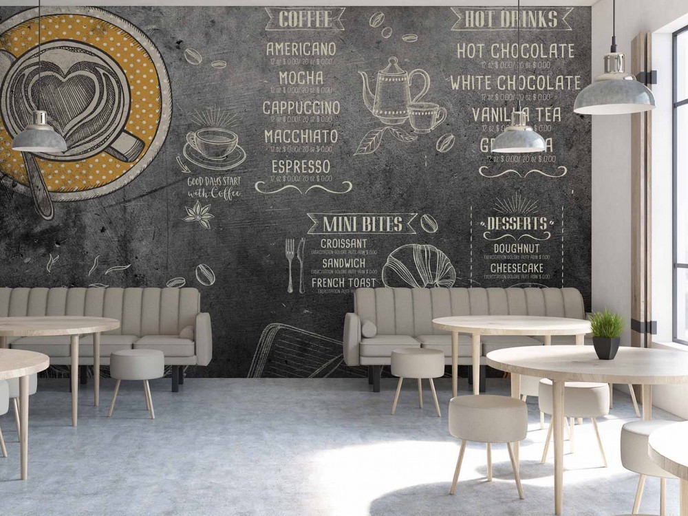 Tahta Efektli Kahve Menüsü ve Tatlı İllüstrasyonlu Cafe Duvar Kağıdı