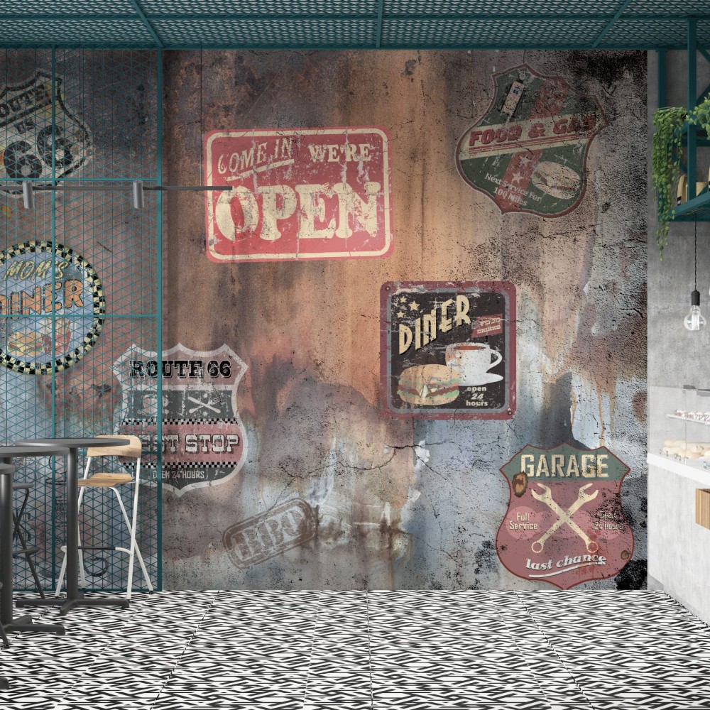 Eskitme Duvar Üzerine Nostaljik Amerikan Diner ve Garaj Tabelalı Duvar Kağıdı