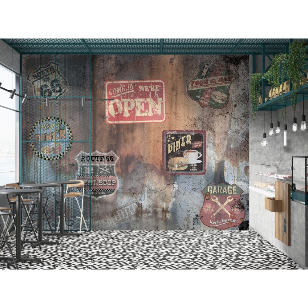 Eskitme Duvar Üzerine Nostaljik Amerikan Diner ve Garaj Tabelalı Duvar Kağıdı