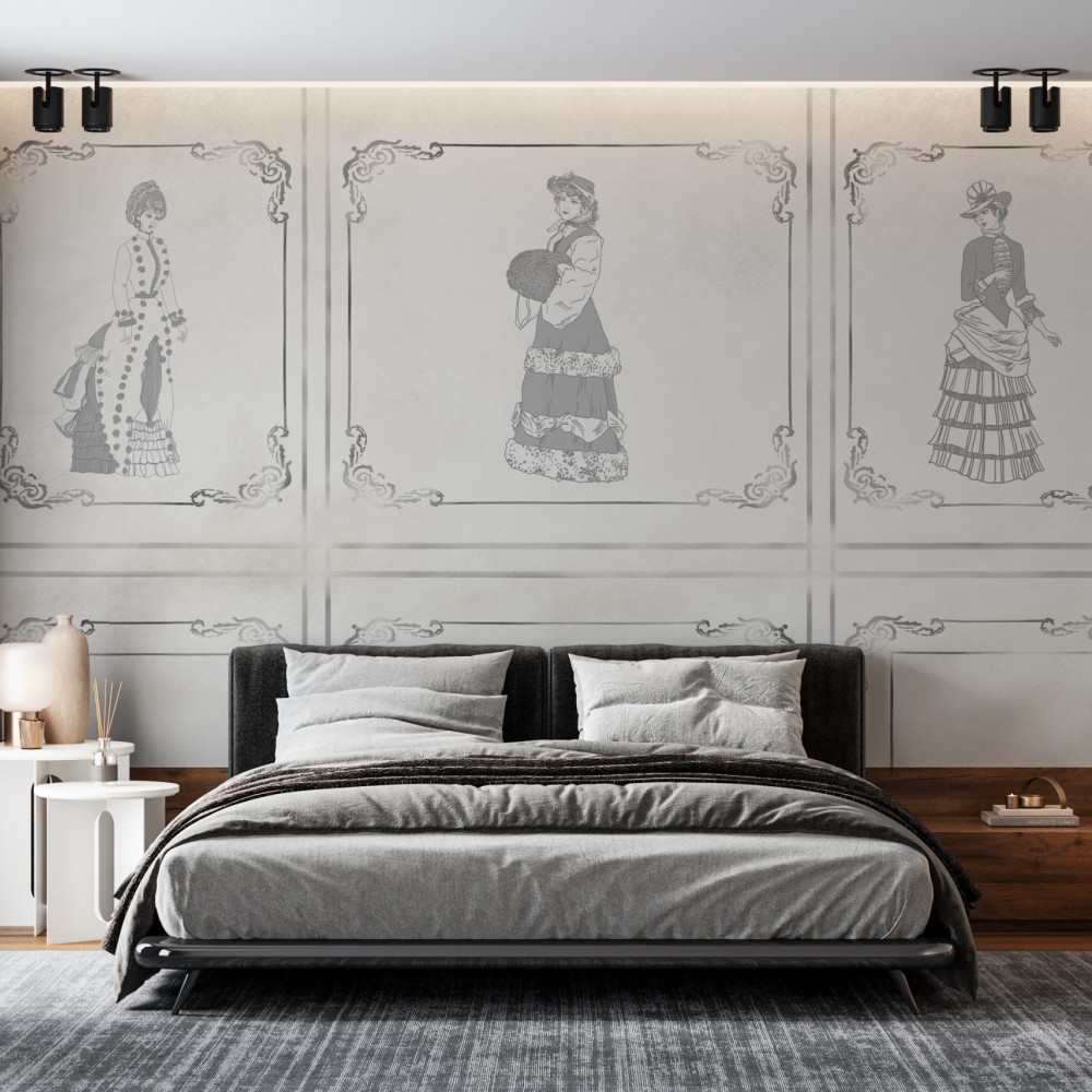 Klasik Viktorya Dönemi Moda İllüstrasyonlu ve Retro Çerçeve Desenli Duvar Kağıdı