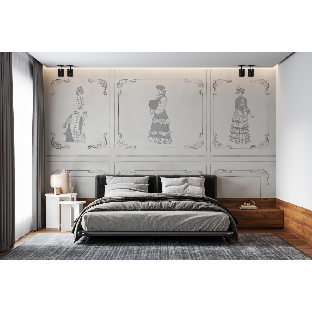 Klasik Viktorya Dönemi Moda İllüstrasyonlu ve Retro Çerçeve Desenli Duvar Kağıdı
