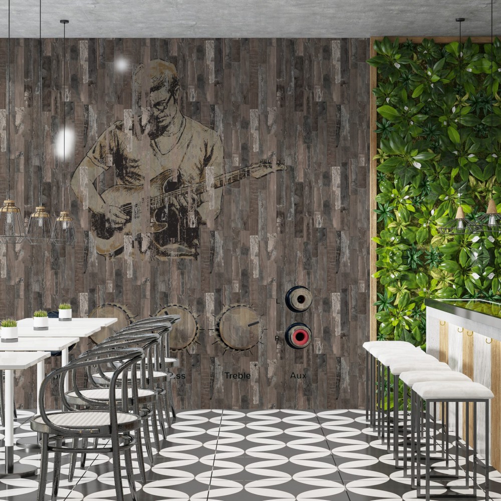 Eskitme Ahşap Panel Üzerine Gitarist İllüstrasyonlu Duvar Kağıdı