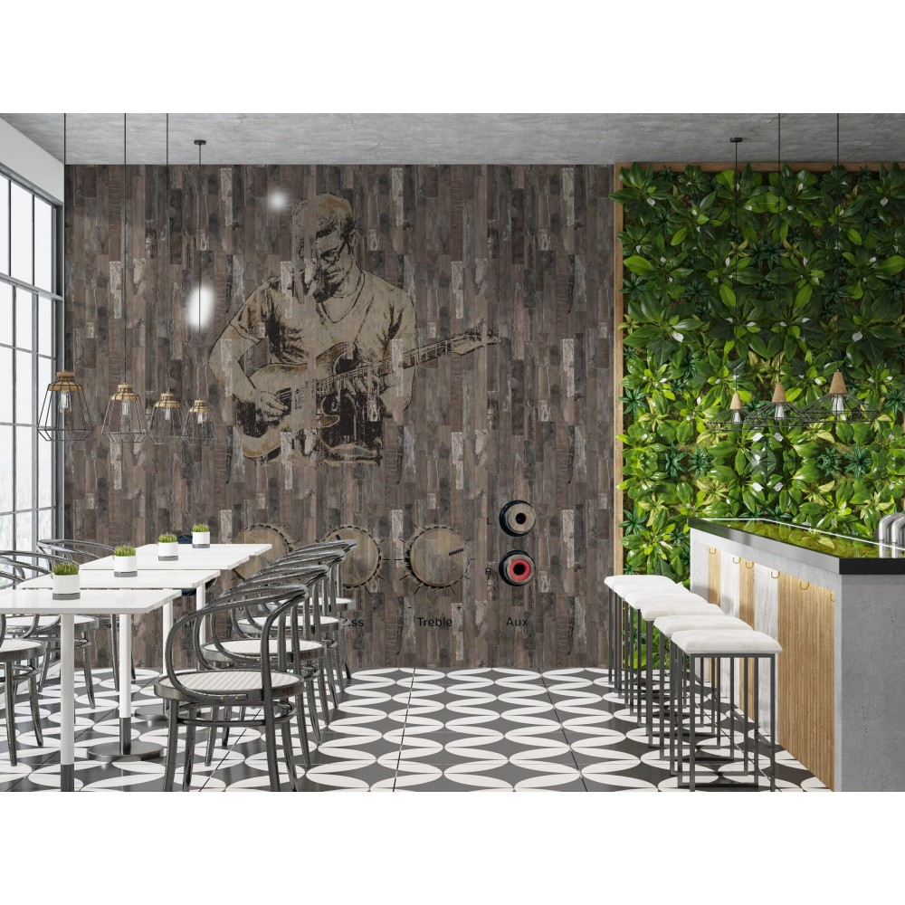Eskitme Ahşap Panel Üzerine Gitarist İllüstrasyonlu Duvar Kağıdı