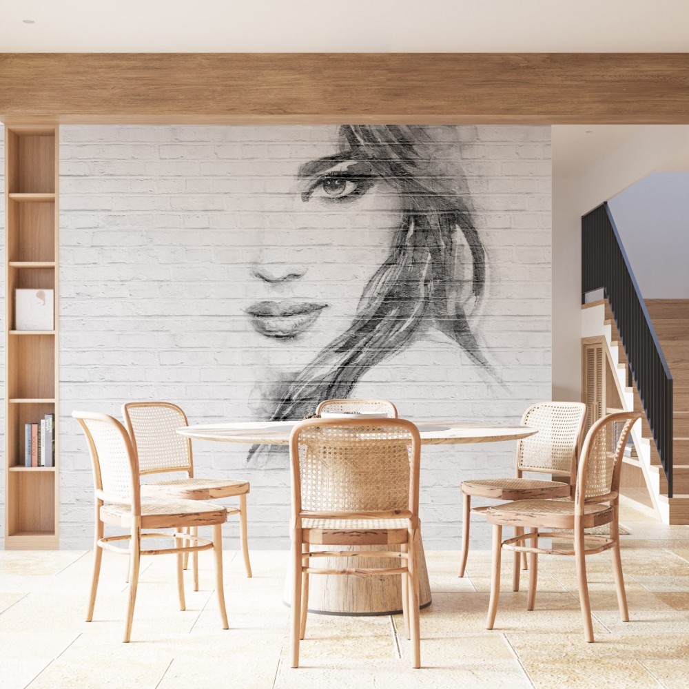 Beyaz Tuğla Dokulu Zemin Üzerine Sanatsal Kadın Portresi Eskizli Duvar Kağıdı