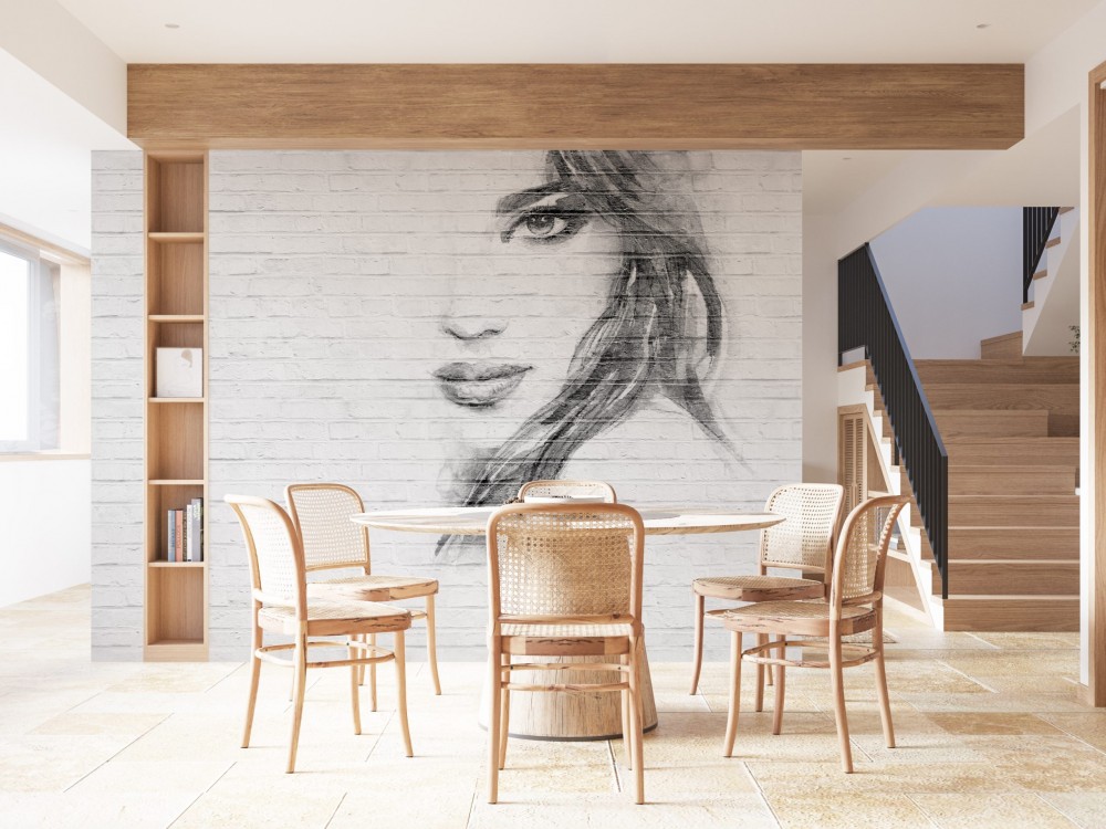 Beyaz Tuğla Dokulu Zemin Üzerine Sanatsal Kadın Portresi Eskizli Duvar Kağıdı